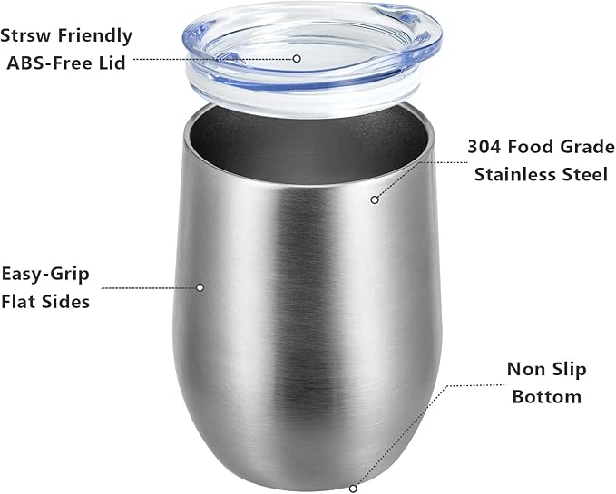 MEWAY 12oz/8 Pack Wine Tumbler Glasses with Lid - Stemless Double Wall Vacuum Stainless Steel Travel Tumbler - Keeping Cold & Hot for Wine,Coffee,Cocktails,Drinks-Family and Gifts (Silver,Set of 8)