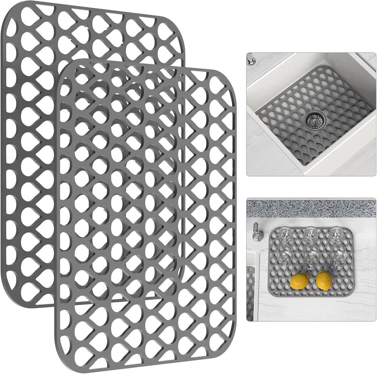 Silicone Sink Mat 2PCS TOOVEM Sink Protectors for Kitchen Sinks, Non-Slip Folding Grid for Bottom of Farmhouse Stainless Steel Porcelain Sink Pad