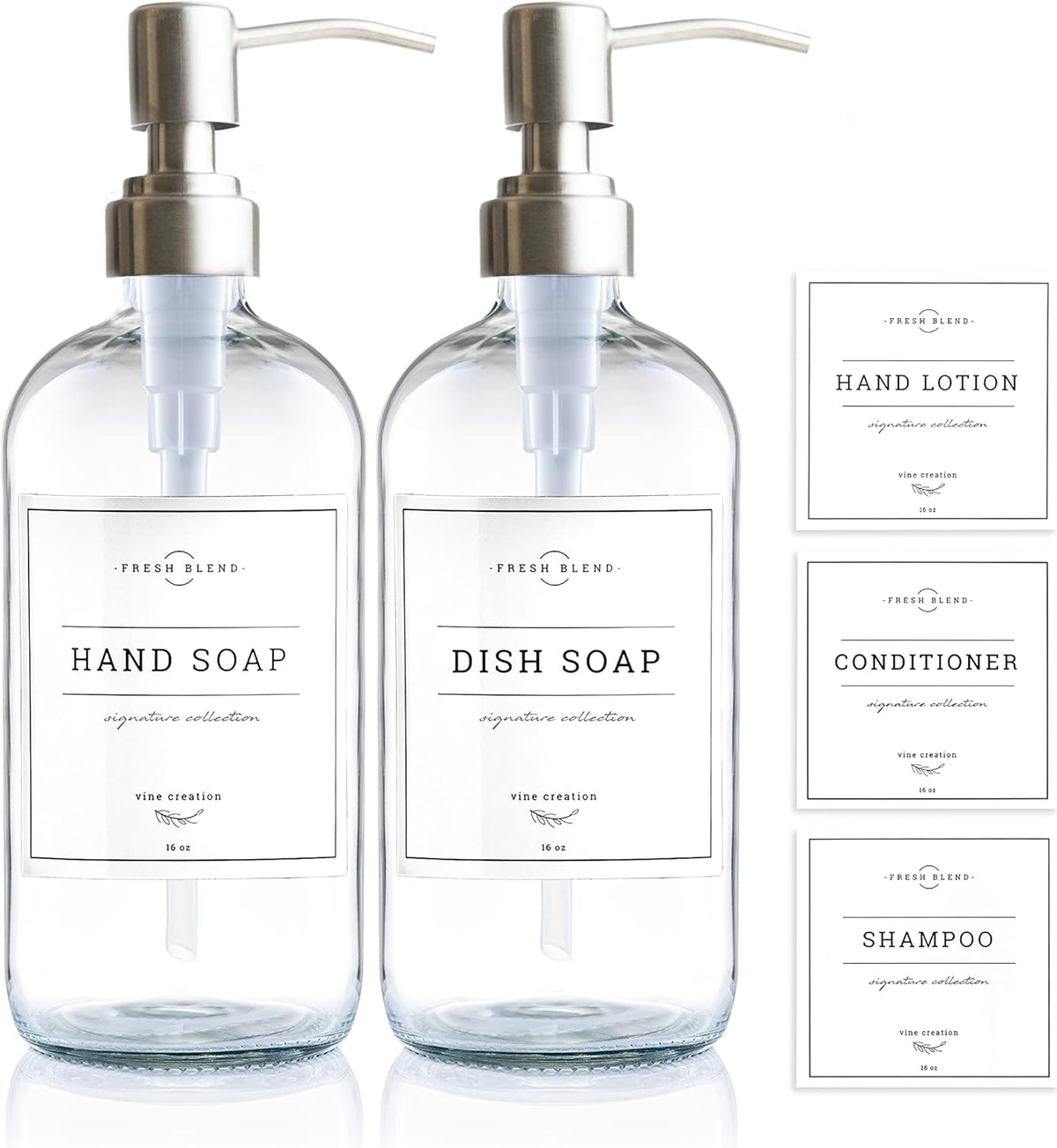 Vine Creations Clear Glass Soap Dispenser, 2 Pack Kitchen Soap Dispenser Set with Stainless Steel Pump, 16 oz Hand Soap or Dish Soap for Bathroom or Kitchen with Waterproof Labels