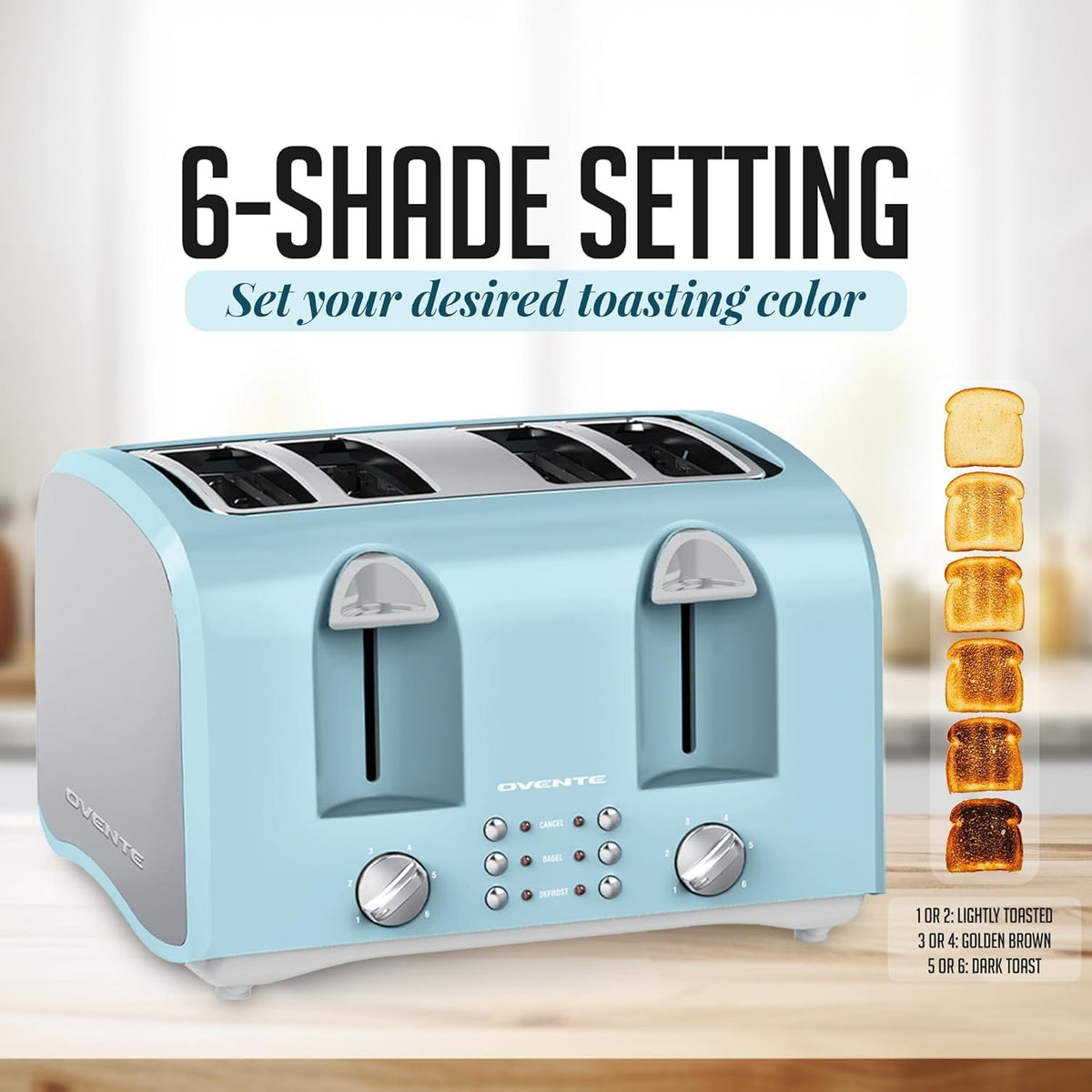 OVENTE Electric 4-Slice Toaster Machine with 6-Shade Selector Setting, Cancel Button, Defrost Function, Crumb Tray, 1400W Power and Wide Slots for Bagels, Waffles and Puff Pastry, Light Blue TS4410LBL