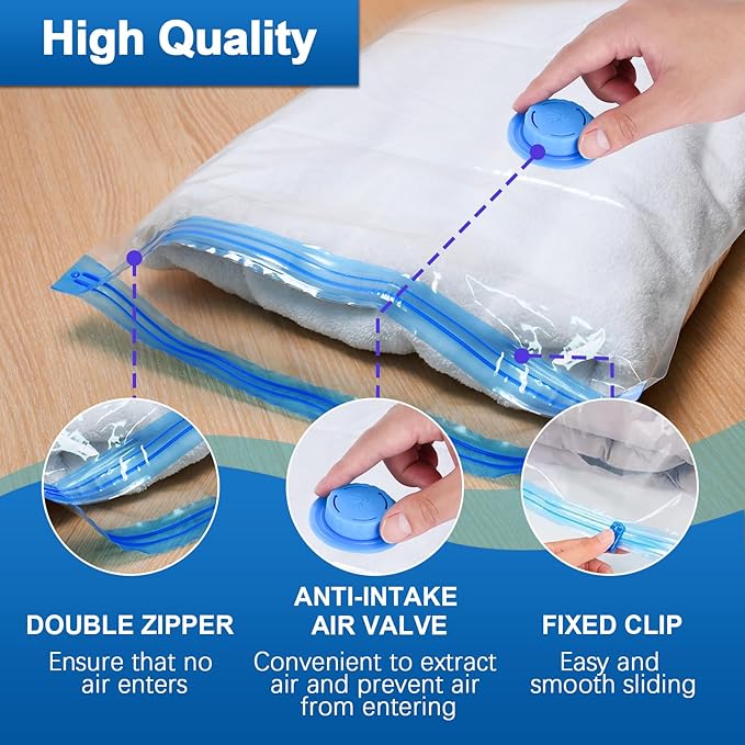 ZXA Vacuum Storage Bags with Electric Air Pump, 8 Pack (4 Large, 4 Jumbo) Vacuum Seal Bags for Clothing, Space Saver Vacuum Storage Bags for Blanket, Duvets, Pillows, Comforters - Blue