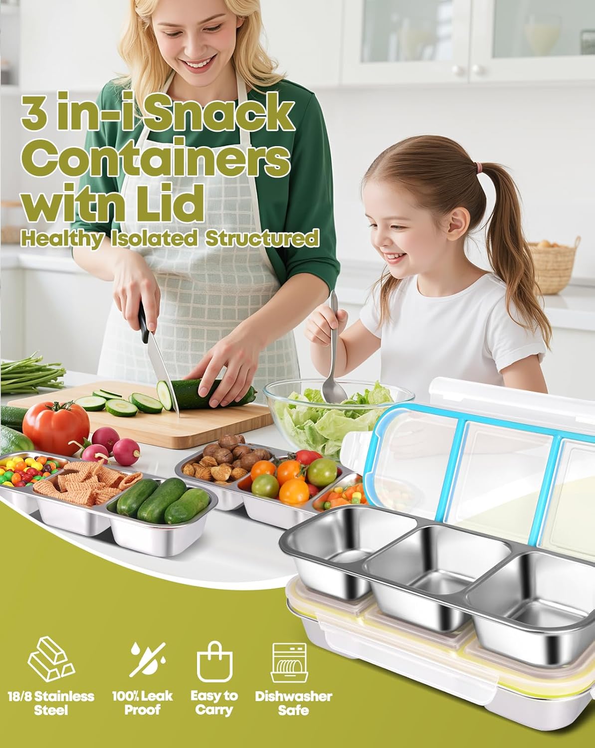 2Pack Stainless Steel Snack Containers for Kids Adults, Reusable 3 Compartment Snackle Box Container with Leakproof Lids Metal Bento Lunch Boxs Food Storage Containers for Travel Picnics Office School