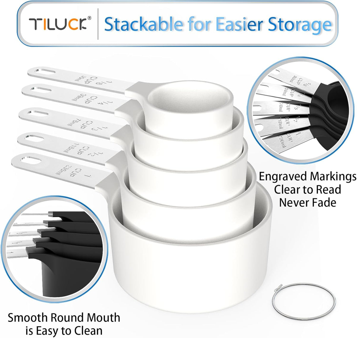 TILUCK Measuring Cups & Spoons Set, Stackable Cups and Spoons, Nesting Measure Cups with Stainless Steel Handle, Kitchen Gadgets for Cooking & Baking（white）