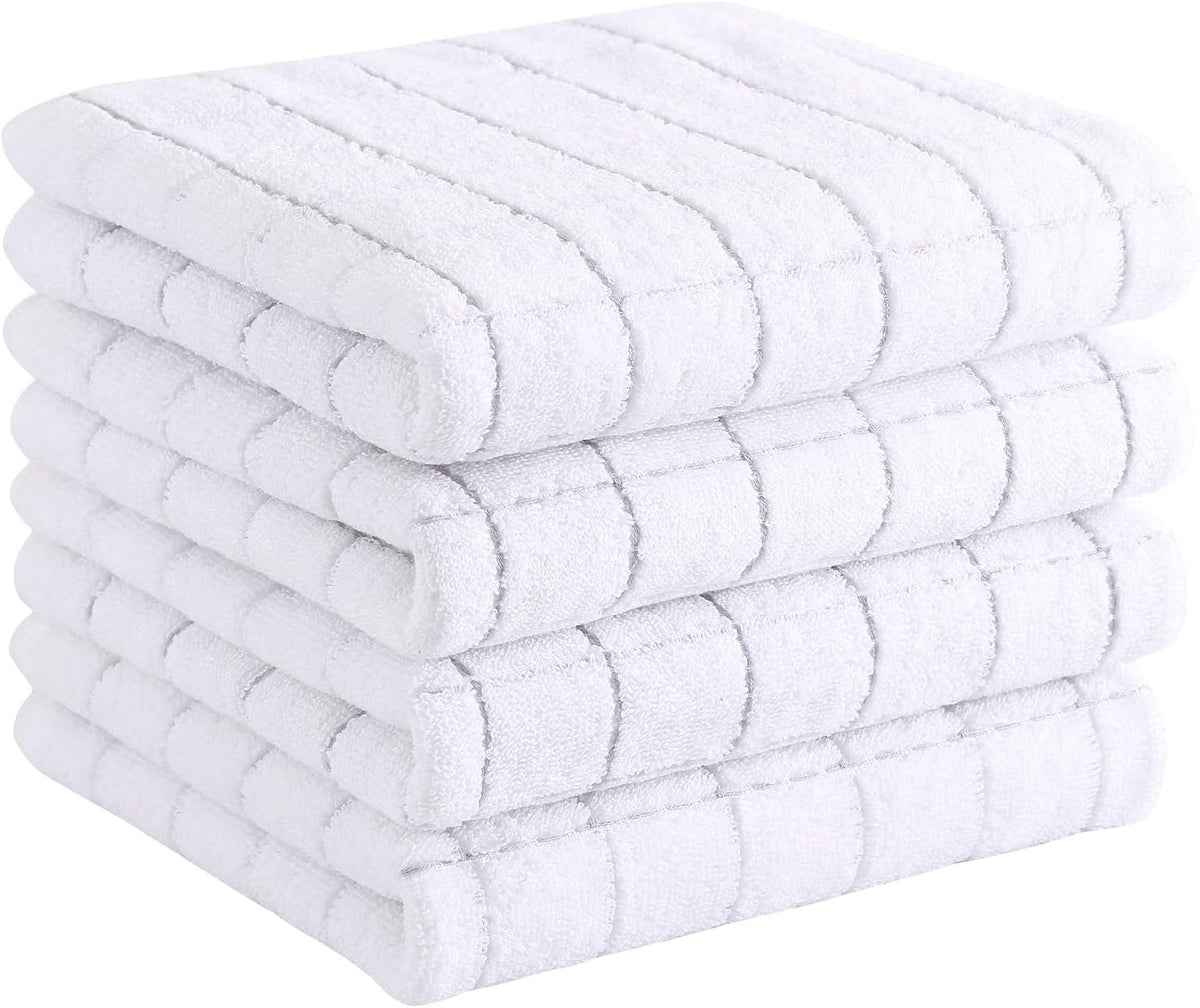 Homaxy 100% Cotton Terry Kitchen Towels(White, 13 x 28 inches), Checkered Designed, Soft and Super Absorbent Dish Towels, 4 Pack