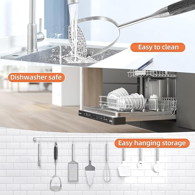 Potato Masher Stainless Steel, Heavy Duty Mashed Potatoe Masher,Professional Integrated Food Masher for Avocado, Potatoes, Beans, Meat, Vegetables (Black wooden handle Masher)