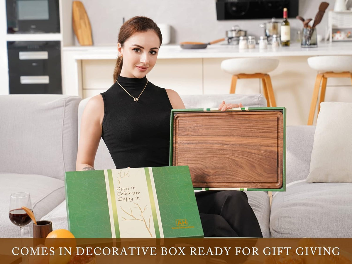 AZRHOM Large Walnut Wooden Cutting Board for Kitchen-17x11 Inch Wood Cutting Board with Juice Groove, Non-Slip Mats & Built-in Handles (Gift Box Included)