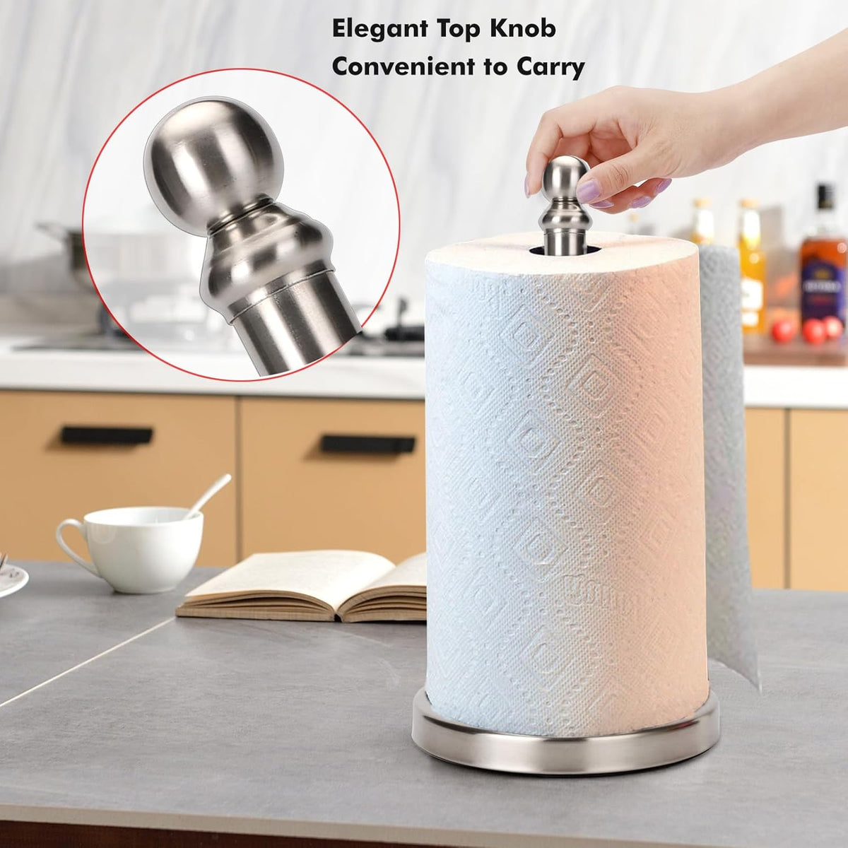 Paper Towel Holder Countertop with Weighted Base, One-Handed Design No Tipping Over, Stainless Steel Paper Towel Holder Stand in Brushed Nickel Finish