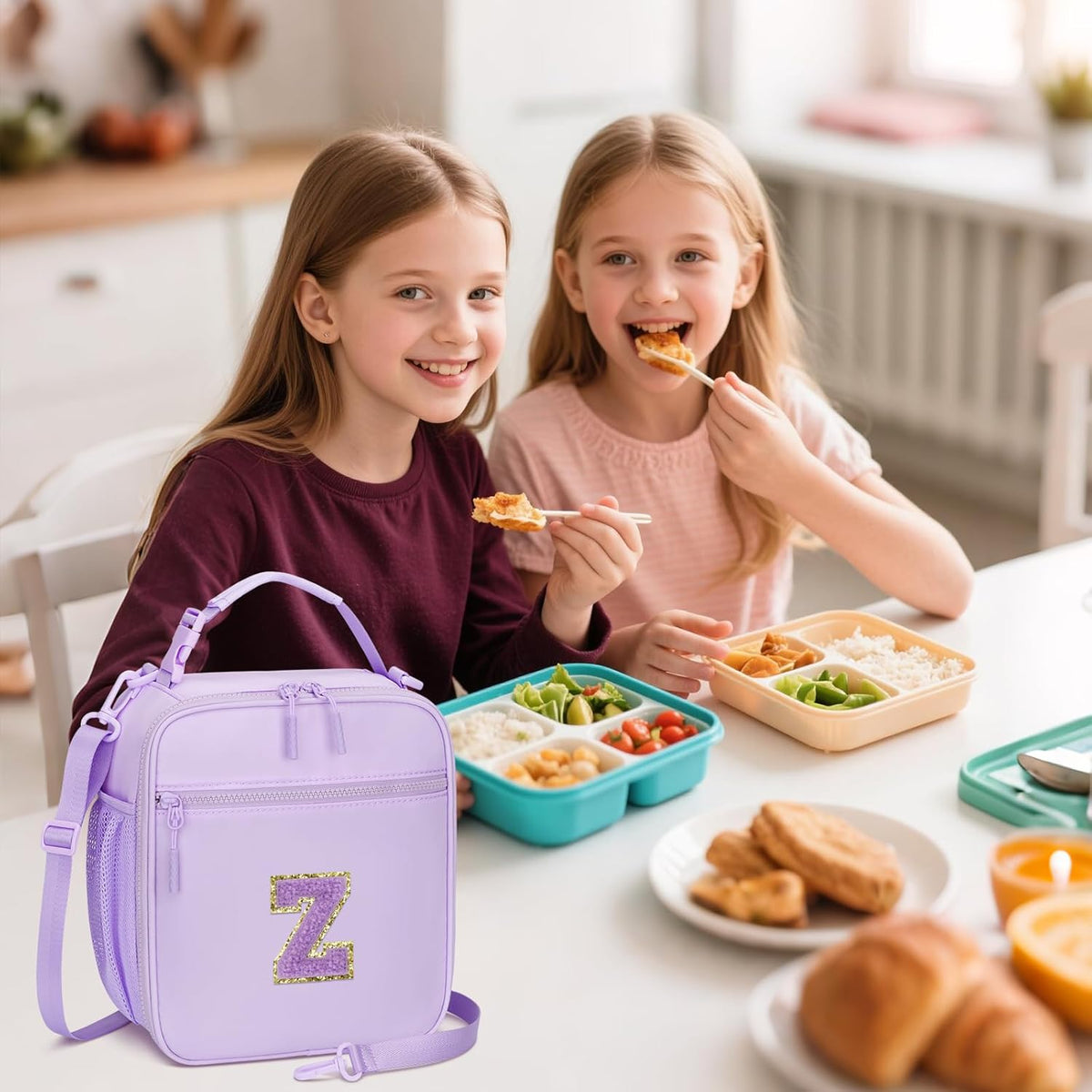 Initial Insulated Lunch Bag for Girls Kids, Back to School Gift, Reusable Leak-proof Lunch Box with Adjustable Strap for School Daycare Travel Picnic (Purple,Z)