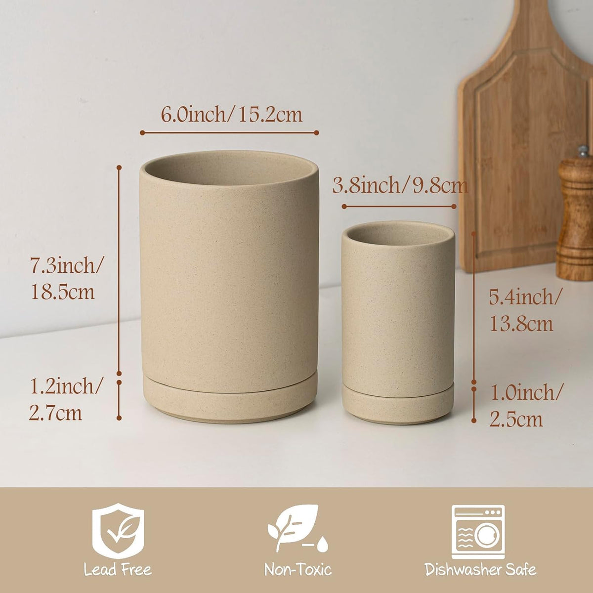 Utensil Holder, 7.3"+5.4" Ceramic 2-in-1 Utensil Holder Set for Countertop, Cooking Utensil Crocks for Kitchen Counter, Organizer for Spatulas & Spoons, Set of 2, Pottery Clay