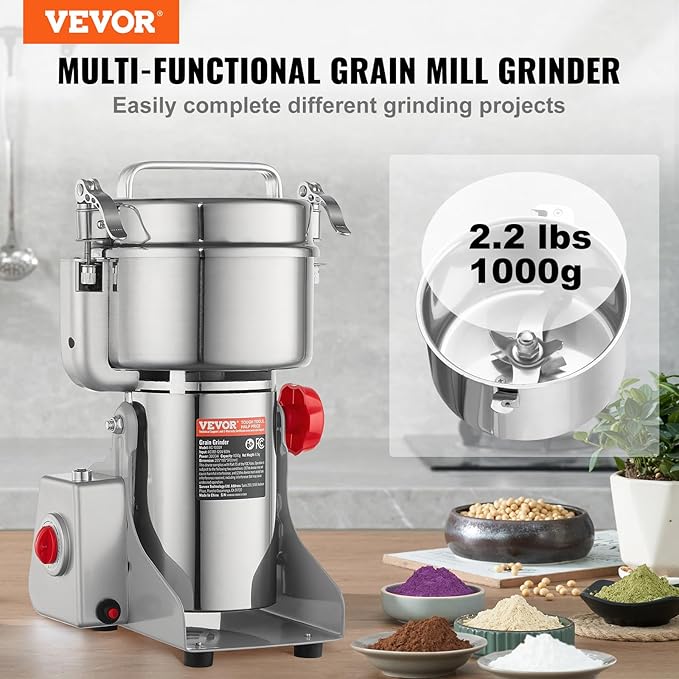 VEVOR 1000g Electric Grain Mill Grinder, High Speed 3000W Commercial Spice Grinders, Stainless Steel Pulverizer Powder Machine, for Dry Grains Spices Cereals Coffee Corn Pepper, Swing Type
