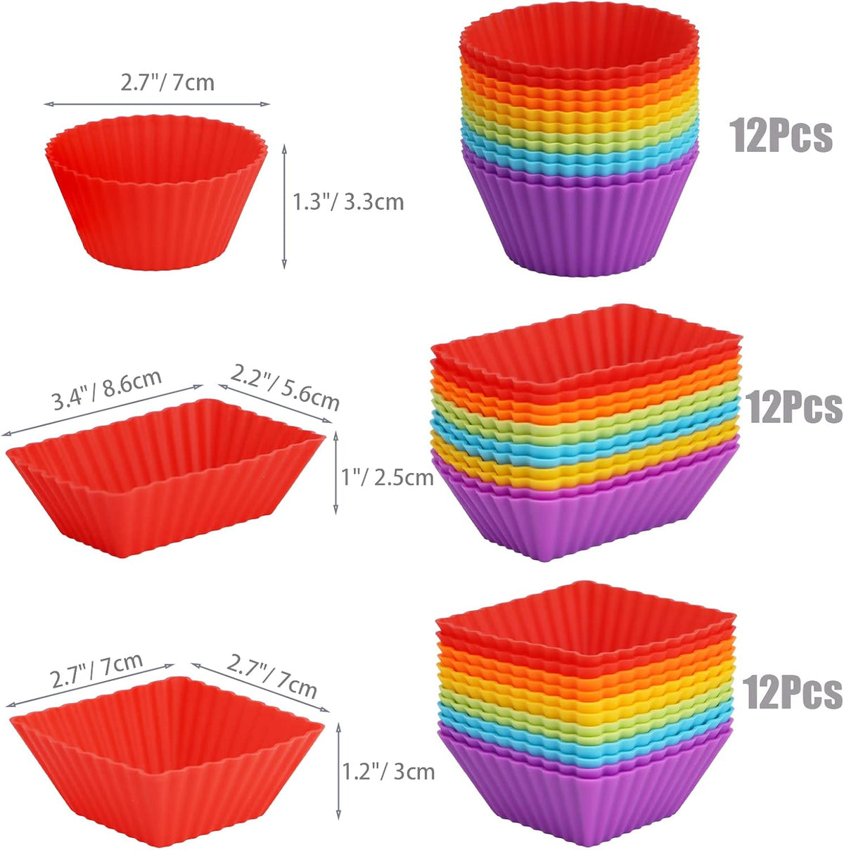 36-Pack Silicone Cupcake Liners, Reusable Muffin Cups – Round, Square & Rectangle Baking Cups, Non-Stick, Easy to Clean, Bento Box Accessories, Lunch Box Dividers for Kids(36 Liners + 20 Animal Picks)