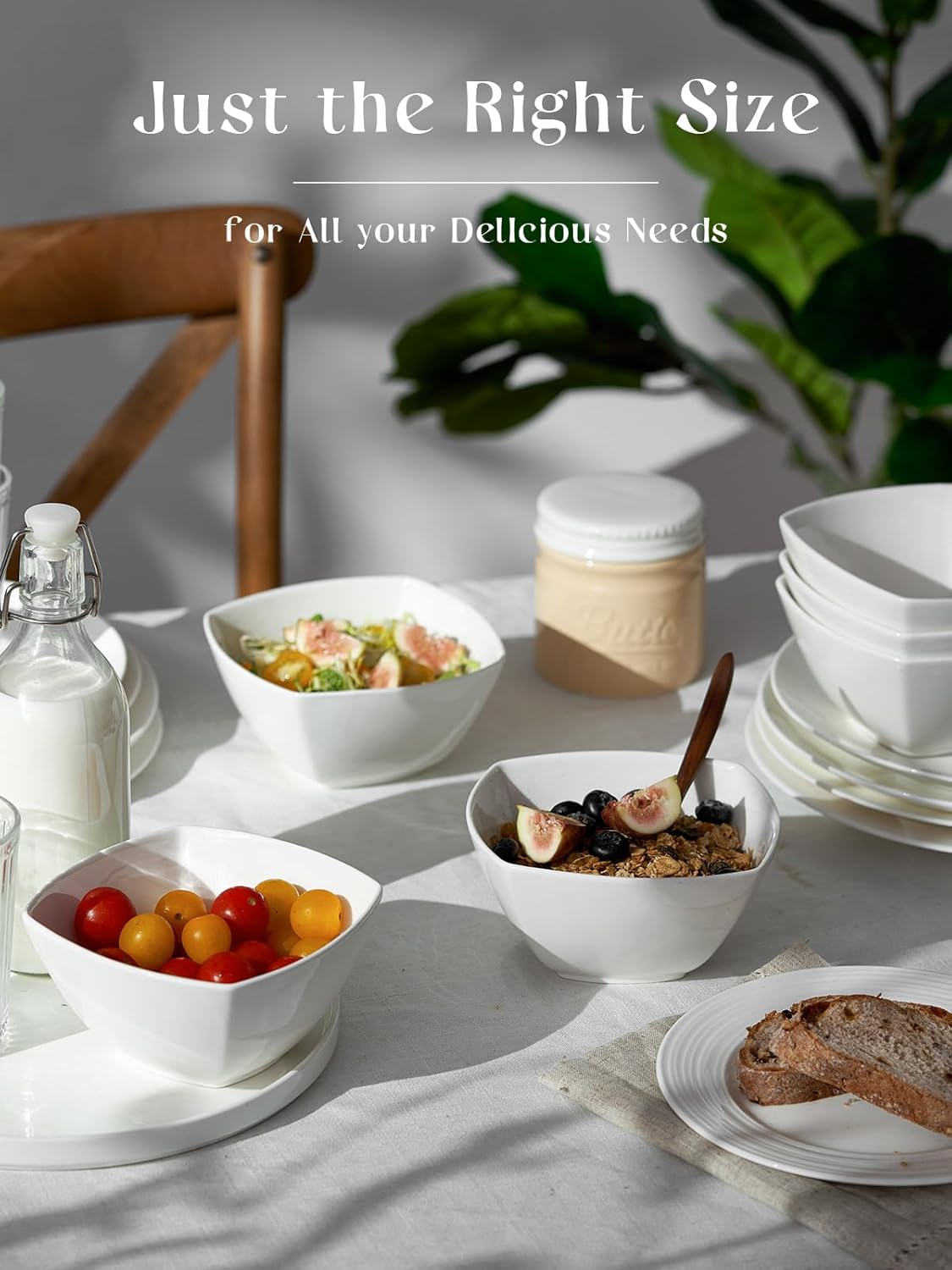 DOWAN Porcelain Soup Bowls Set of 6, 27 OZ Ceramic Square Cereal Bowls, White Bowl, for Ice Cream and Dessert Snack, Wedding Party Gift, Microwave Safe Bowl
