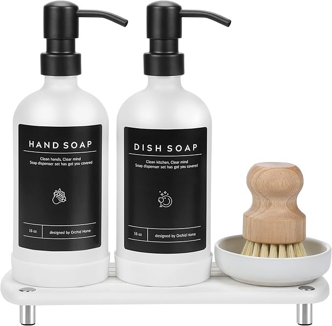 [Luxury] Kitchen Soap Dispenser Set - 16OZ White Glass Bottle, Stainless Steel Pump, Instant Dry Tray, Waterproof Labels, Non-Slip Silicone Pad, and Dish Brush | Upgrade for Your Kitchen and Bathroom