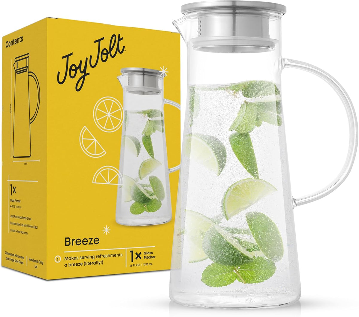 JoyJolt Glass Pitcher with Lid - 50oz Borosilicate Water Carafe, Jug with Stainless Steel Lid for Iced Tea, Lemonade, Juice, Mixed Drinks