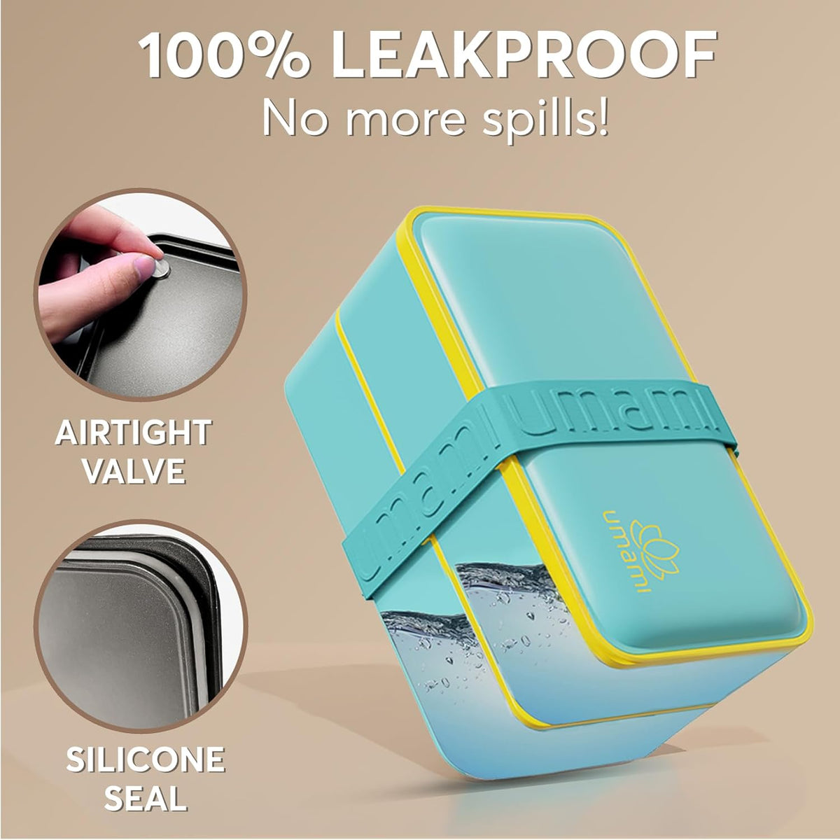 Umami Bento Box Adult All-in-1 w/ 4 Utensils, 100% Leakproof, Dishwasher & Microwave Safe Lunch Containers for Adults w/ 4 Compartments, Fresh Turquoise, 40 oz