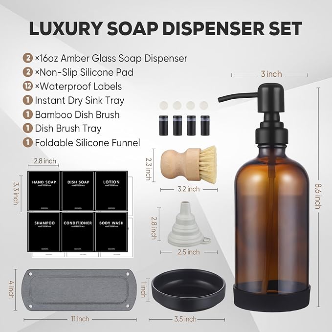 Kitchen Soap Dispenser Set with Instant Dry Tray,16 Oz Hand and Dish Soap Amber Glass Dispenser Set,Stainless Steel Pump,Waterproof Labels&Dish Brush,Luxury Soap Bottle for Kitchen,Bathroom