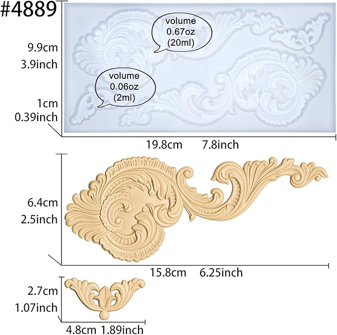 Art Molds for Polyclay Air Dry Clay Plaster Epoxy Resin Fondant Cake Decor Baroque Scrolls