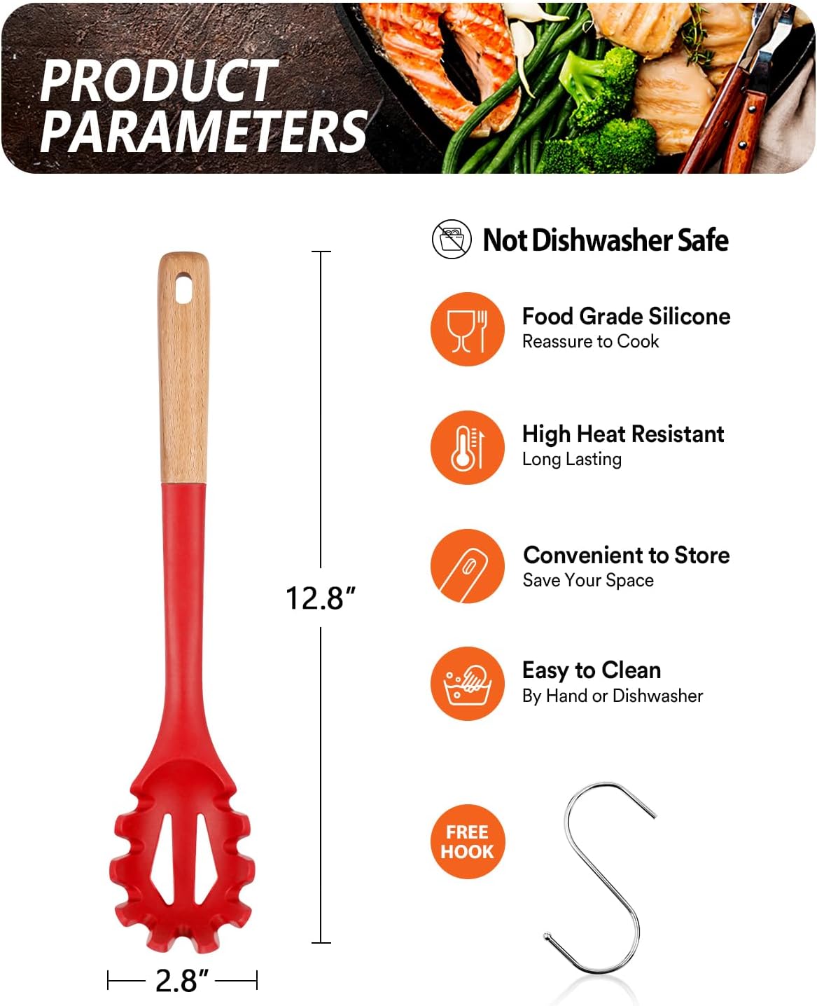 Silicone Pasta Fork, Kitchen Heat Resistant Noodle Spoon Server, BPA Free Spaghetti Strainer,12.8 inch (RED)