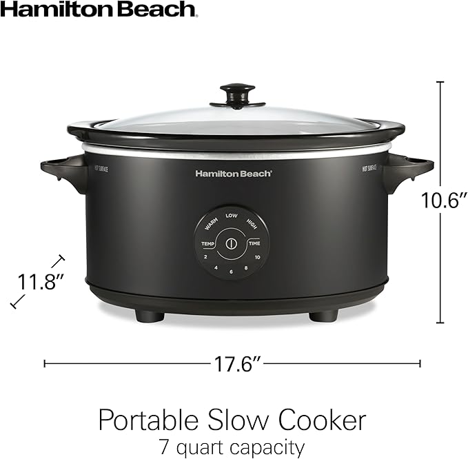 Hamilton Beach 7 Quart Set & Forget Portable Programmable Slow Cooker, 15 Cooking Options With 5 Time and 3 Heat Options, Large Dishwasher Safe Stoneware Crock and Glass, Lid Latch, Black (33670)