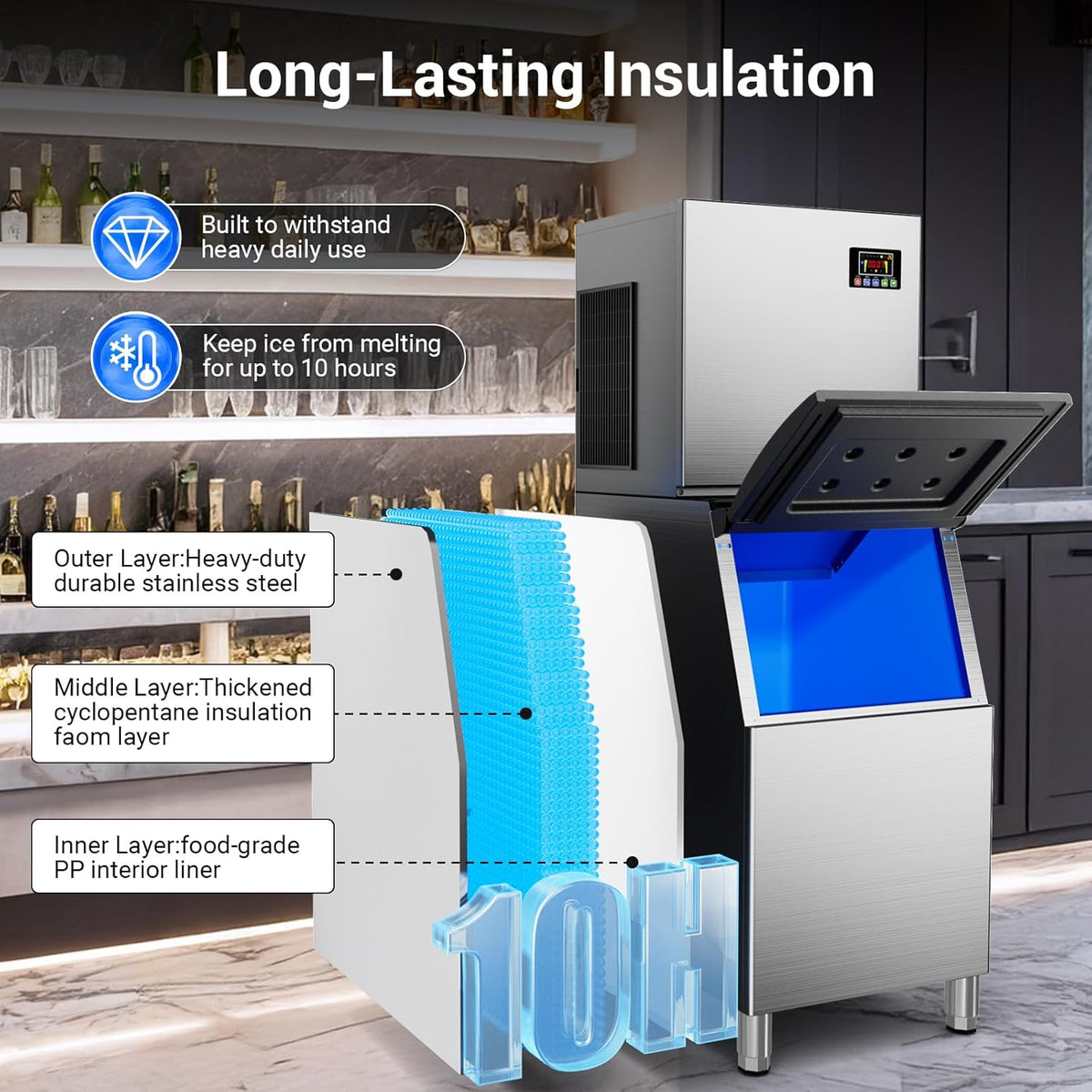 500 LBS/24H Commercial Ice Machine Maker with 350LBS Storage Bin, Large Industrial Ice Maker, Self-Cleaning, Timing Function, 132 Ice Cubes in 5-15min, 30 Adjustable Ice Thicknesses