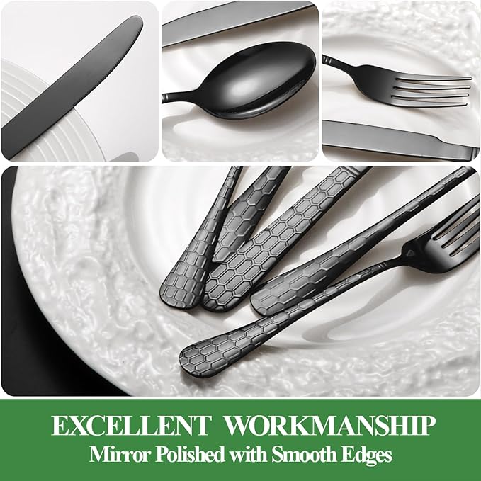 40 Pcs Black Silverware Set for 8 with Water Cube Handle design, Food Grade Stainless Steel Flatware Set, Eating Utensils Sets Include Fork/Knife/Spoon, Reusable Cutlery Set, Dishwasher Safe