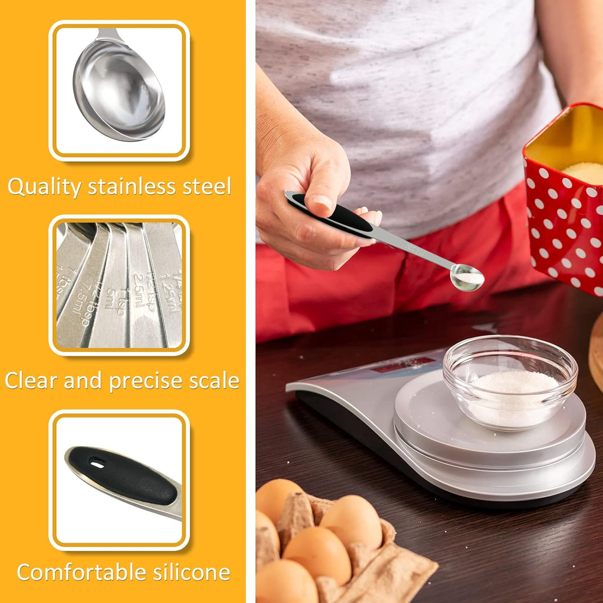 1PCS 1/4 Tsp(1.25ml) Single Measuring Spoon with Black Silicone Grip, Stainless Steel Individual Measure Scoop Only