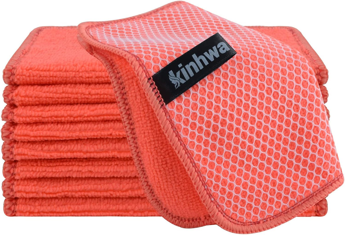 KinHwa Kitchen Washcloths for Dishes Absorbent Microfiber Dish Cloths Quick Dry Dish Rags with Poly Scour Scrub Side Ideal for Kitchen Cleaning (Red, 7inchx7inch 9 Pack)