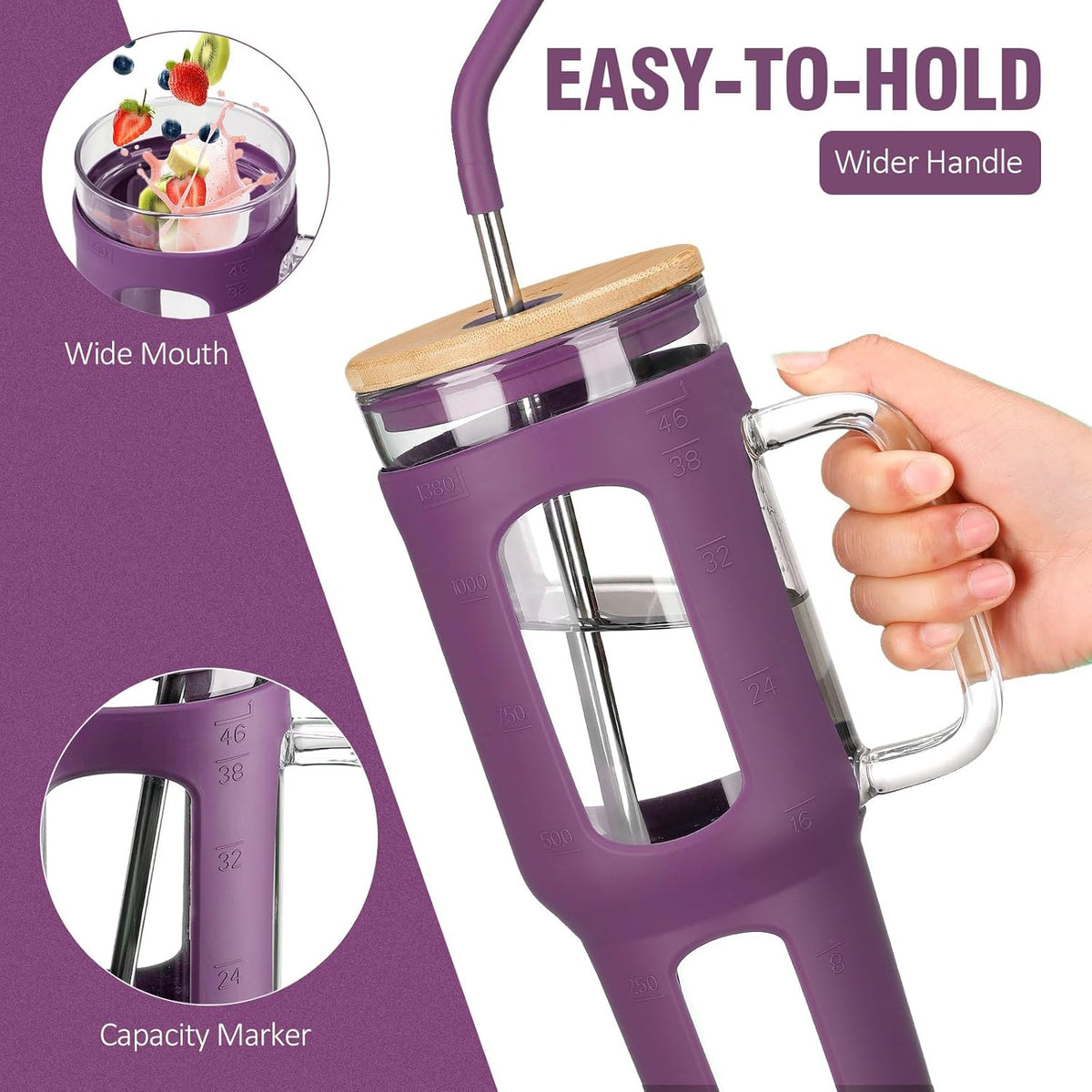Glass Tumbler with Lid and Straw, 46 oz Iced Coffee Cup with Handle, Glass Water Bottles with Silicone Sleeve, BPA Free-Purple