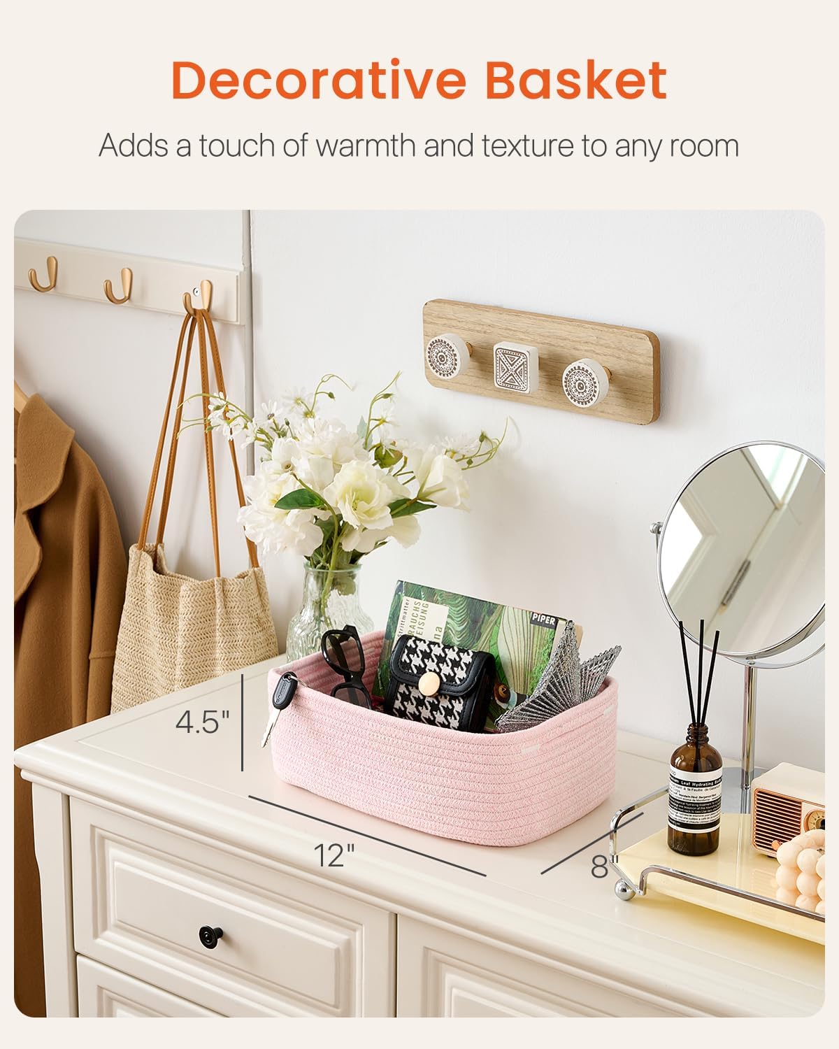 Small Woven Basket, 12 x 8 x 4.5 Inches, Storage Basket for Organizing, Cute Small Rope Shelf Closet Cube Storage Bins Baskets for Shelves, Dog Toy Gift Baskets Empty, 3 Pack Light Pink
