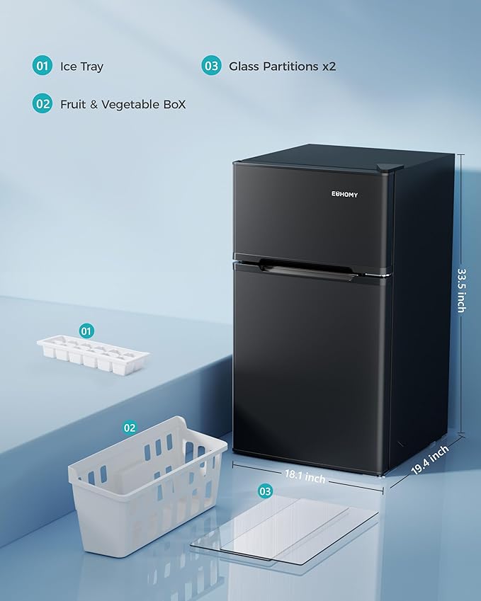 EUHOMY Mini Fridge with Freezer, 3.2 Cu.Ft Mini Refrigerator, Dorm Fridge with 2 Door For Bedroom/Apartment/Office-Food Storage Cooling Drink, Black