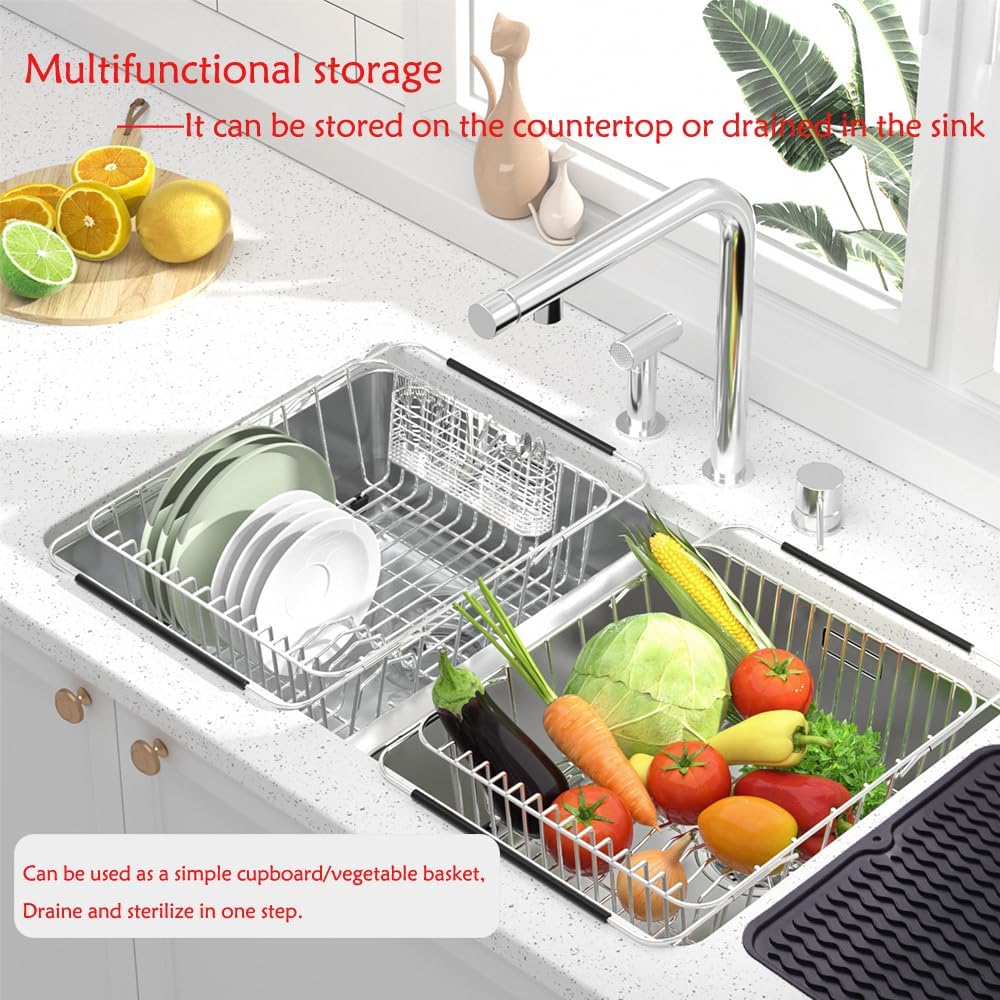 Stainless Steel Dish Drying Rack(15.2"L X 13"W X 5.8"H), Expandable Fruit & Vegetable Drain Rack over Sink, Dish Drainer Rack in Sink, with Stainless Steel Utensil Holder & Silicone Mat(16")