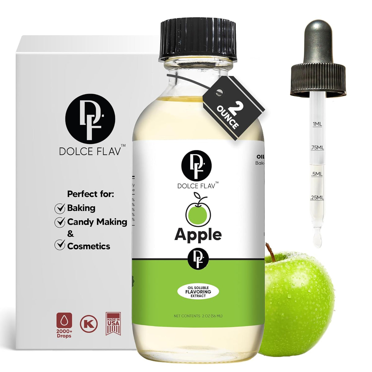 Dolce Flav Apple Extract – 2 Ounce Oil-Soluble Kosher, Sugar-Free, Concentrated Crisp Apple Flavoring for Baking, Chocolates & Desserts, Includes Measured Dropper