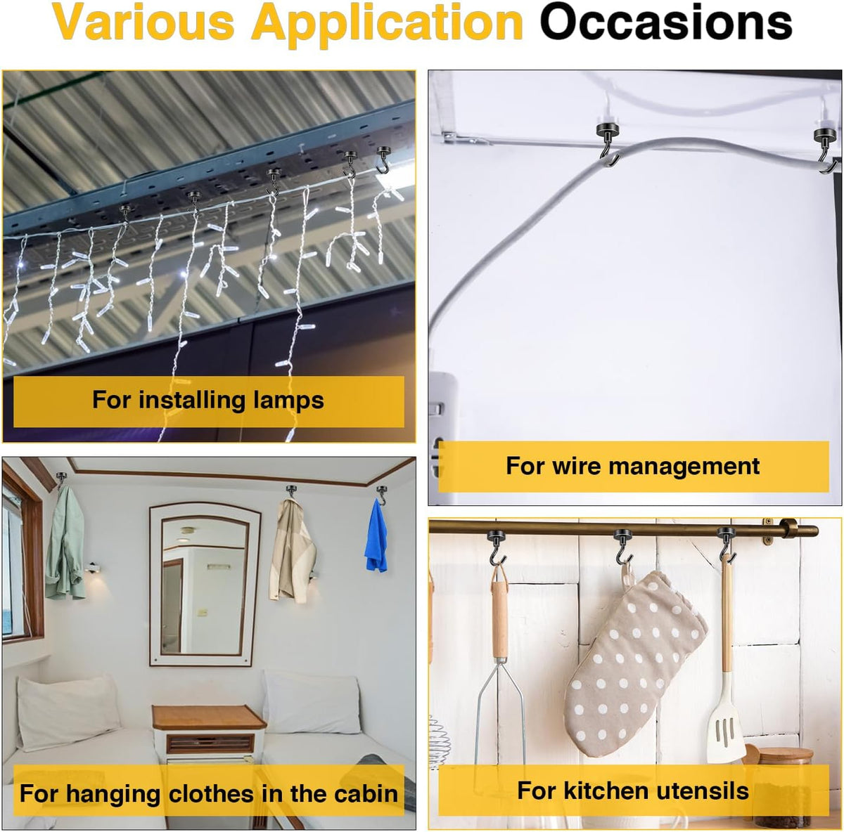 DIYMAG Outdoor Hooks for Hanging String Lights, Balck Magnetic Hooks Strong 118lbs+ Hanging Party Light Wall Cable for Outside Cruise Cabin Refrigerator Fridge Grills Must Have 10PCS