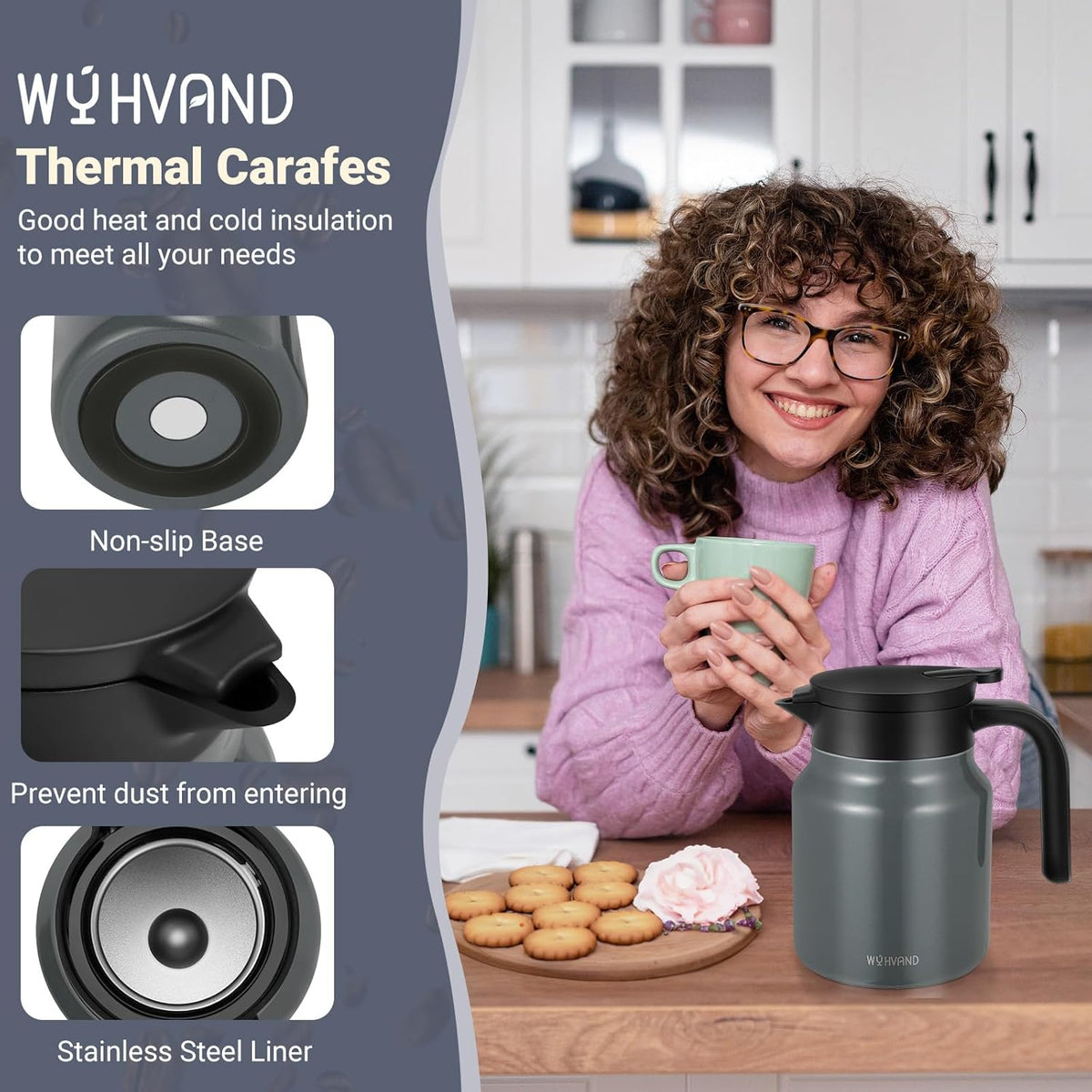 34Oz Thermal Coffee Carafe for Hot/Cold, Stainless Steel Thermos Carafes for Hot Liquids, Dustproof Insulated Hot Water Carafe for Party/Home,Charcoal