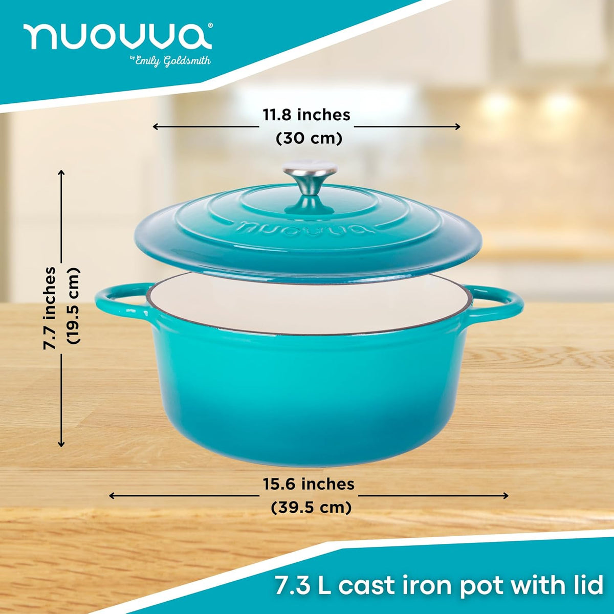 Cast Iron Dutch Oven with Lid – Non-Stick Ovenproof Enamelled Casserole Pot – Sturdy Dutch Oven Cookware – Teal, 7.3-Quart, 30cm – by Nuovva