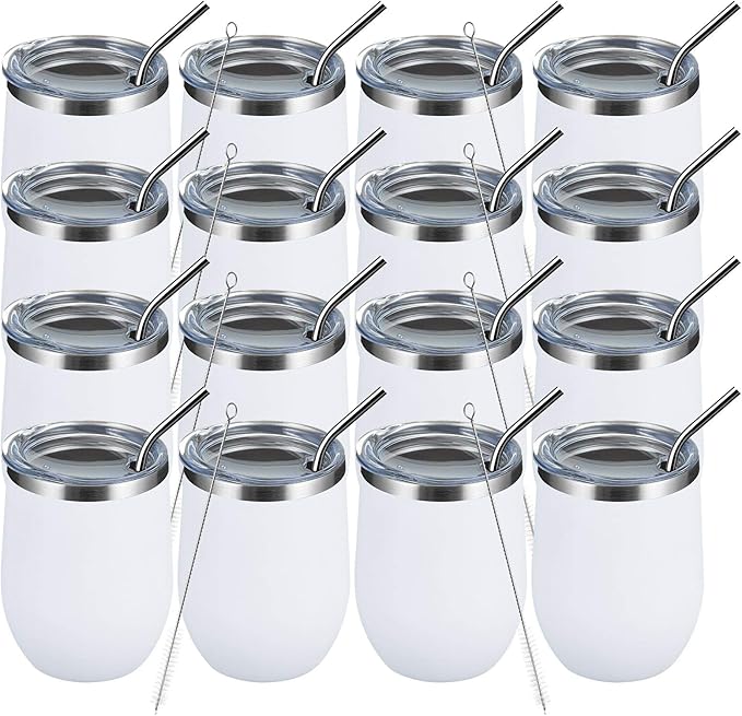 MEWAY 12oz Wine Tumbler 16 Pack Bulk Gifts for Women,Double Wall Vacuum Stainless Steel Travel Mug with Lid,Insulated Stemless Wine Cup Glass for Coffee,Cocktails,Drinks(White,Set of 16)
