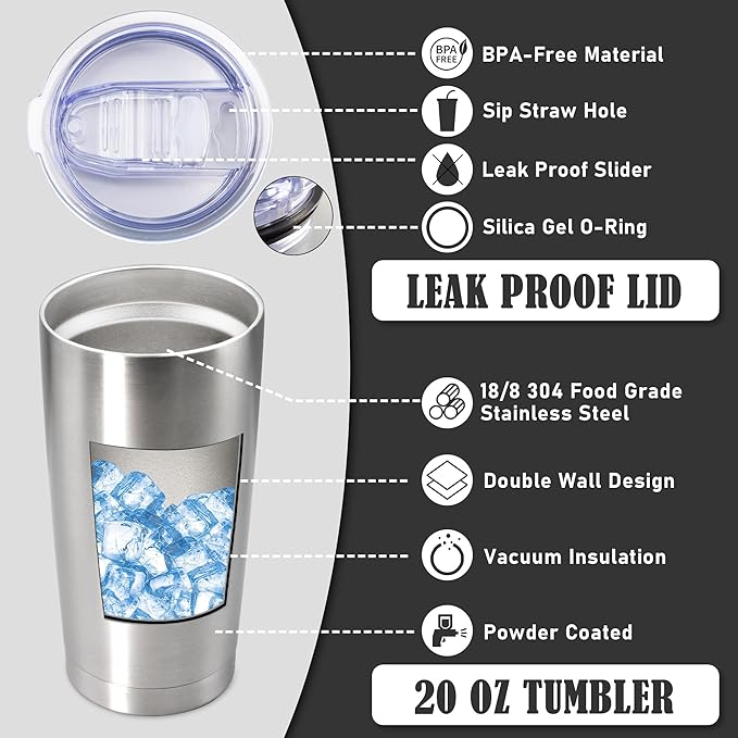 20 oz Tumbler Coffee Travel Tumblers Bulk with Lid Stainless Steel Double Wall Vacuum Insulated Mug Powder Coated Cups fit Car Cupholder for Hot and Cold - Stainless Steel, 8Pack