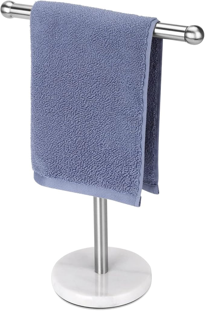 Hand Towel Holder Stand with Heavy Marble Base, T-Shape Towel Rack, Free-Standing for Bathroom Vanity Countertop, 304 Stainless Steel (Brushed Silver)