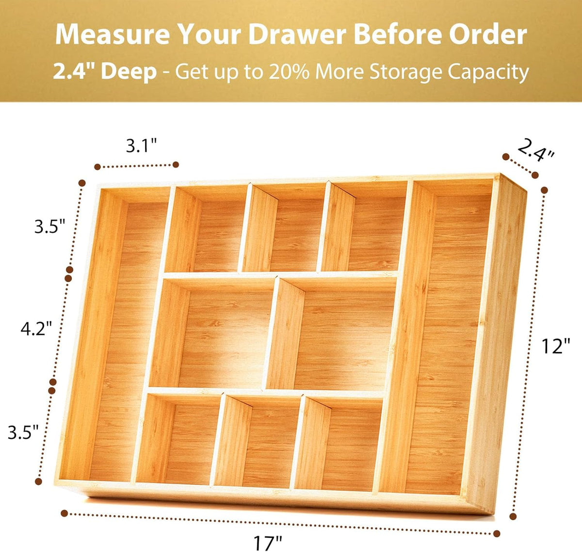 Umilife Extra Large Bamboo Desk Drawer Organizer, Wood Junk Organizer Tray with Adjustable Dividers, Anti-Skip Storage Organization in Office Bathroom Drawer for Vanity, Makeup, 17" x 12"