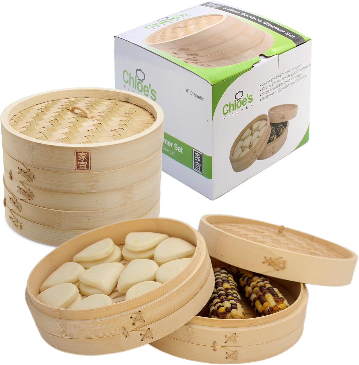 Zoie + Chloe Bamboo Steamer Basket - 2-Tier Dumpling Steamer for Cooking with 2 Reusable Cotton Liners for Bao, Dim Sum, Veggies, Asian Steamed Buns -Stackable, Space-Efficient - 8-Inch Steam Basket