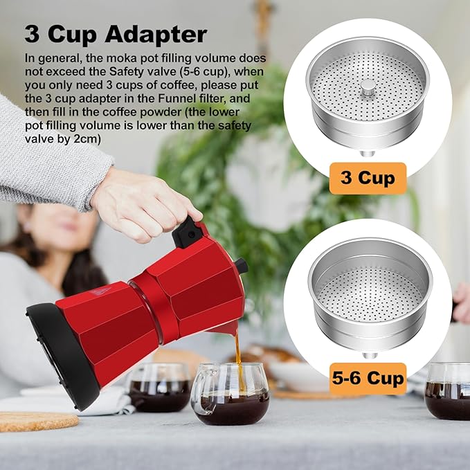 Electric Aluminum Moka Pot 5-6 Cup 270ml Espresso Maker with Detachable Base Ideal Coffee Makers for Home MochaPot Italian and Cuban Café Coffeemaker Espressomaker CoffeePot Red