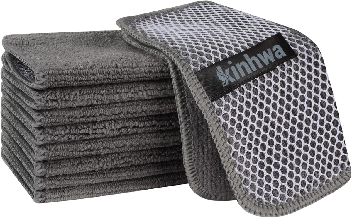 KinHwa Kitchen Washcloths for Dishes Absorbent Microfiber Dish Cloths Quick Dry Dish Rags with Poly Scour Scrub Side Ideal for Kitchen Cleaning (Gray, 6inch X6inch 9Pack)