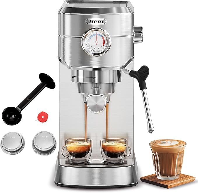 Gevi Espresso Machine 20 Bar, Professional Espresso Maker Latte Machine with Milk Frother, Stainless Steel Expresso Coffee Machines for Home, Compact Cappuccino Machine, Great Gift Choice, Silver