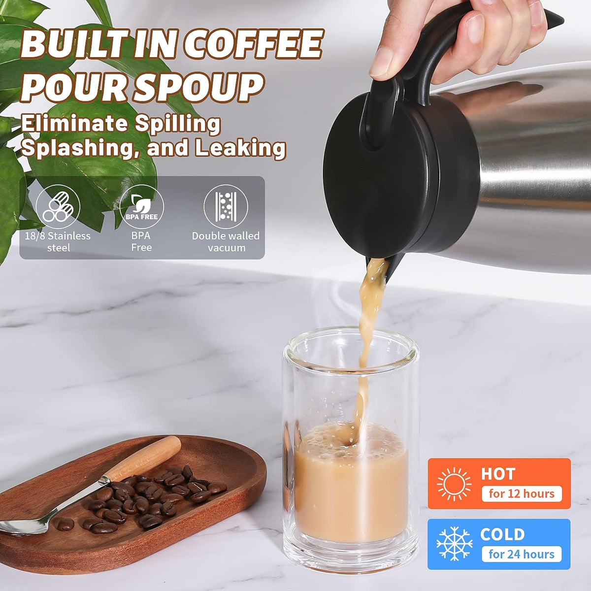 34 Oz Thermal Carafe, Insulated Stainless Steel Coffee Carafes for Keeping Hot Coffee & Tea for 12 hrs and Cold for 24 hrs, 1L/Silver