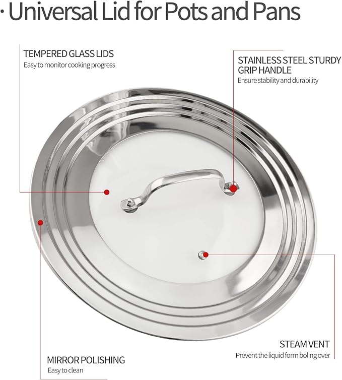 Stainless Steel Universal Lid for Pots, Pans and Skillets-Fits 7" to 12" Replacement Frying Pan Cover and Cast Iron Skillet Lid