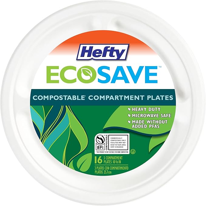 Hefty ECOSAVE Compostable Compartment Paper Plates, 10 1/8 Inch, 16 Count