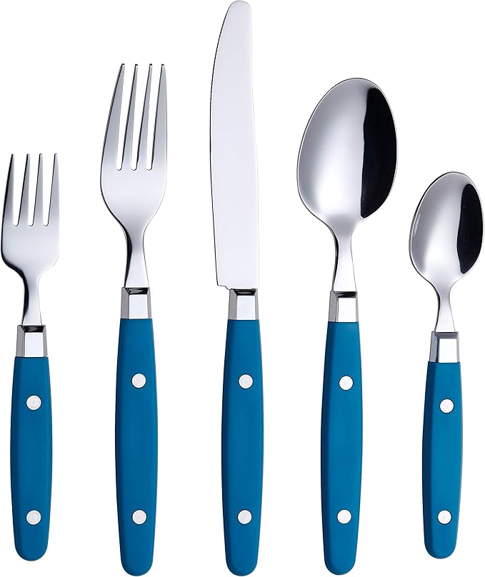 ANNOVA Silverware Set, Retro/Rivet Colorful Stainless Steel Tableware Kitchen Flatware Set Utensils, Includes Dinner Knives, Forks, Spoons, Salad Forks & Dessert Spoons (Blue, 20 Pieces)