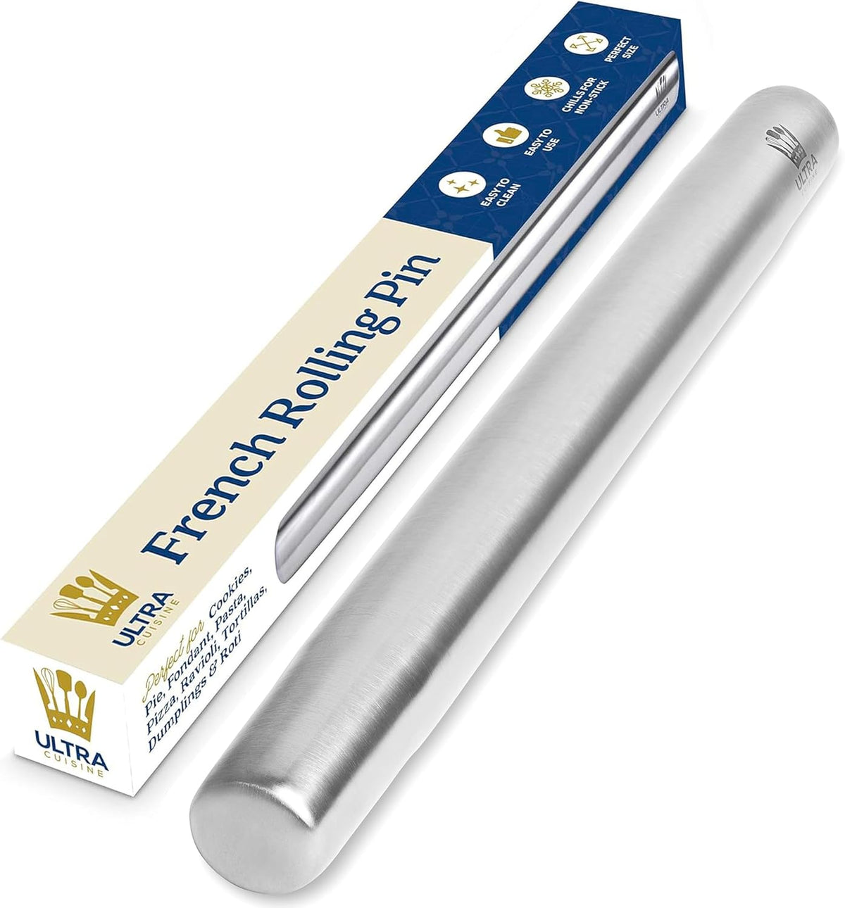 Ultra Cuisine French Rolling Pin for Baking – Use with Pizza, Cookie, and Pastry Dough, Fondant and Pie Crust – Tapered Design Bread Roller Pin, Stainless Steel 15.75-inch Large Roller Pin