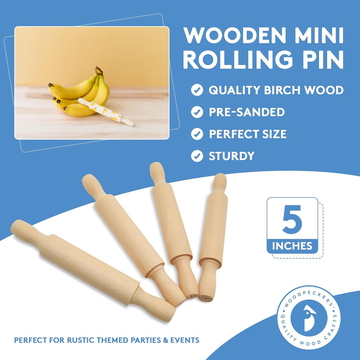 Wooden Mini Rolling Pin, 5 Inches Long, Pack of 50, Great for in The Kitchen, Play-doh, Crafting and Imaginative Play, by Woodpeckers