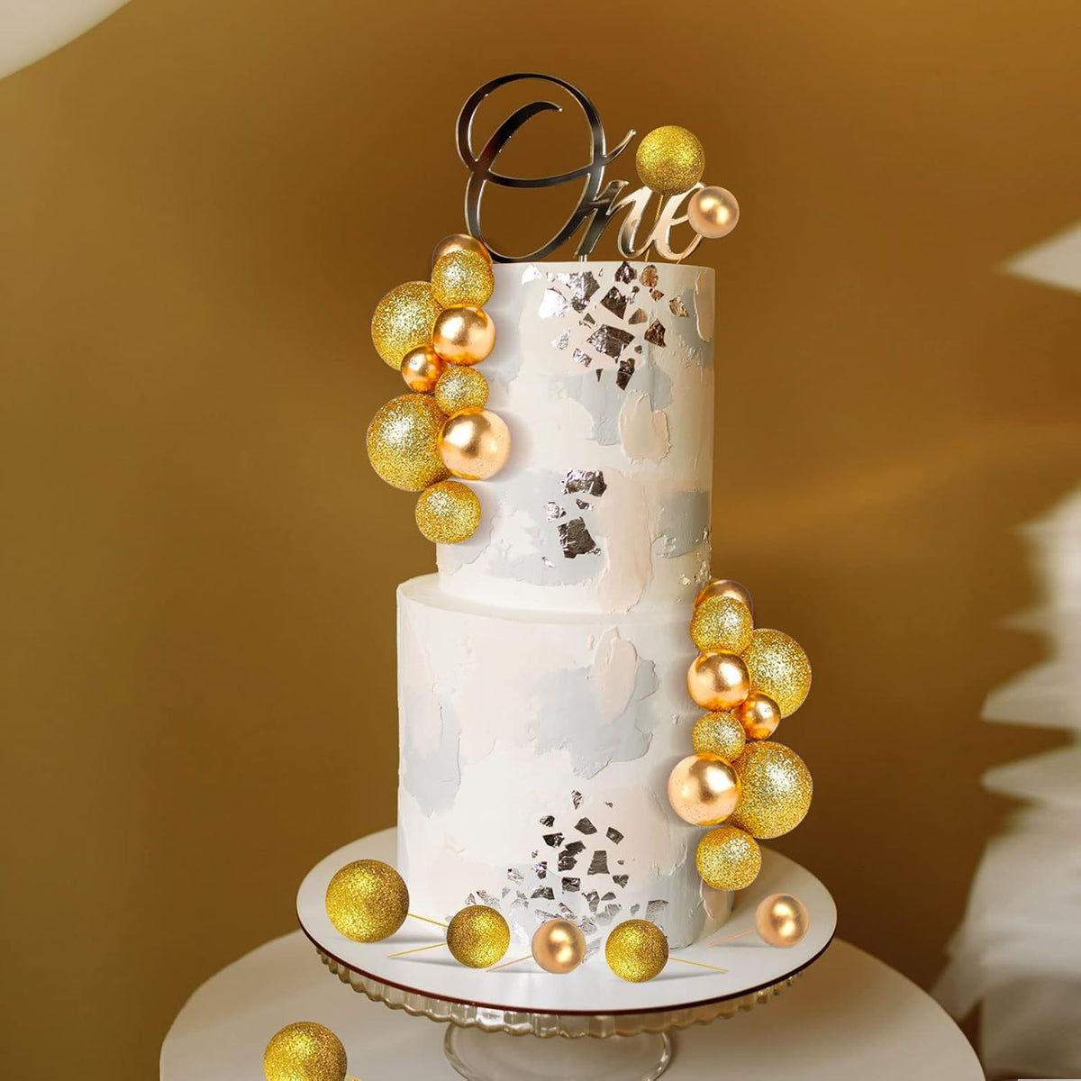 108 Pcs Balls Cake Topper DIY Cupcake Insert Foam Balloons for Cake Baking Wedding Anniversary Birthday Decoration(Glitter Gold, Gold,Multi Sizes)